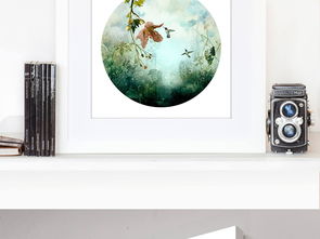 现代创意圆形水彩装饰画 融合花卉、小鸟与自然风景的艺术设计